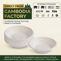 Bols en canne à sucre compostables fabriqués au Cambodge, 6 pouces, 7 pouces, ronds, jetables, biodégradables, de qualité alimentaire, pour la restauration