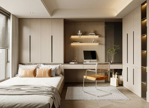 เฟอร์นิเจอร์เมลามีน Tatami แบบตั้งอิสระโต๊ะเหนือเตียงตู้เสื้อผ้าพร้อมลิ้นชักด้านข้างดีไซน์ไฟประตูไม้เนื้อแข็งสำหรับใช้ในบ้านและโรงแรม - Product Image 3