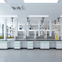 Meubles de laboratoire entièrement en acier sur mesure, banc de laboratoire central avec évier, étagère à réactifs et plan de travail résistant aux produits chimiques