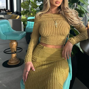 New High Elastic Fabric Off Shoulder Long Sleeve Striped Dress 2 Piece Set for Women Fashion - Product Image 5
