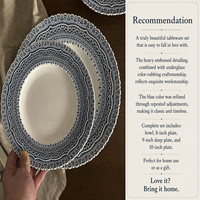 Service de Table en Porcelaine Bleu Floral Gaufré Style Vintage Français, Assiettes et Bols Céramiques Festonnés pour Mariage, Maison, Cadeau - Vente en Gros