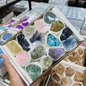 Hot sale natural high quality mix stone pink purple raw stone crystal reiki white crystal box for home decoration