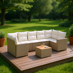 Ensemble de canapés de jardin en rotin beige 6 places, mobilier d'extérieur réglable au design contemporain - Product Image 2