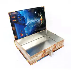 Custom Design Embossed Big Book Shaped Christmas Metal Tin Box With Lock For Candy Packaging