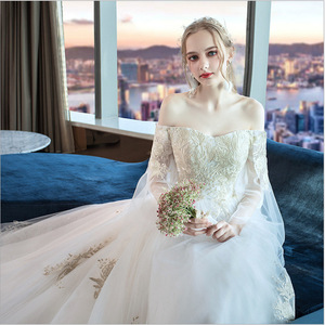 Wedding Dress Ball Gown Off Shoulder Long Sleeve Sweetheart Neckline Empire Waist White Floor Length Vintage Style - Product Image 4