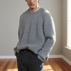 Outono e Inverno Camisola De Malha Mens Loose Fit Chunky Needle 9GG Camisola Texturizada De Cor Sólida - Product Image 1