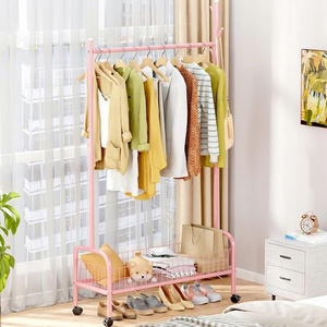 Pink <b>Metal</b> Clothing <b>Rack</b> with Wheels Double Tier Storage <b>Shelf</b> for Living Room Modern Multifunctional Stand Type - Product Image 4