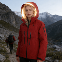 Veste de randonnée d'extérieur à coque rigide avec bande LED, capuche, col montant, fermeture éclair, coupe-vent, résistante à l'eau, respirante, motif uni