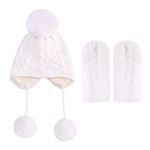 Bonnets d'hiver pour bébés <span class=keywords><strong>Bonnet</strong></span> pour garçons Filles <span class=keywords><strong>Bonnet</strong></span> en tricot Pompons Accessoires pour nouveau-nés Trucs d'oreilles chauds Ensemble de gants pour enfants - Product Image 6