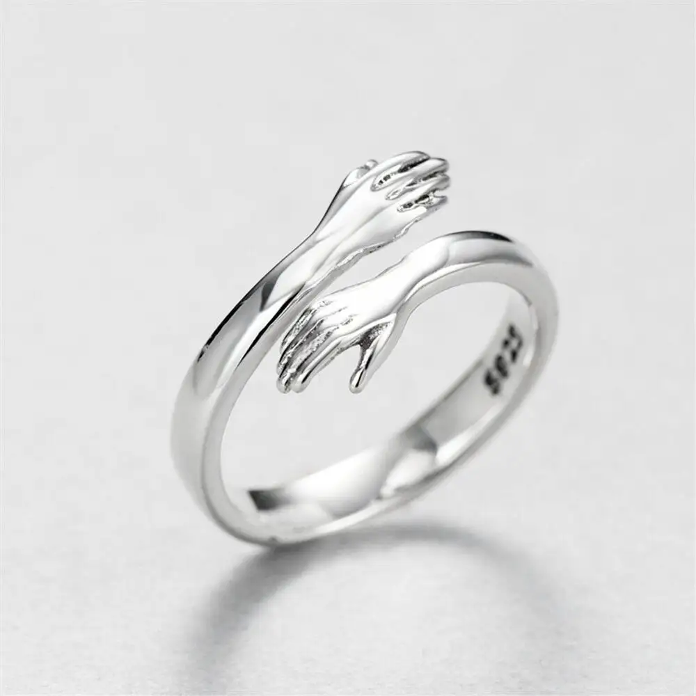 925 Sterling Silver Hug Rings for Women Girls Silver Hugging Hands Open Promise Ring Jewelry Hug Hands Mens Rings Couples
