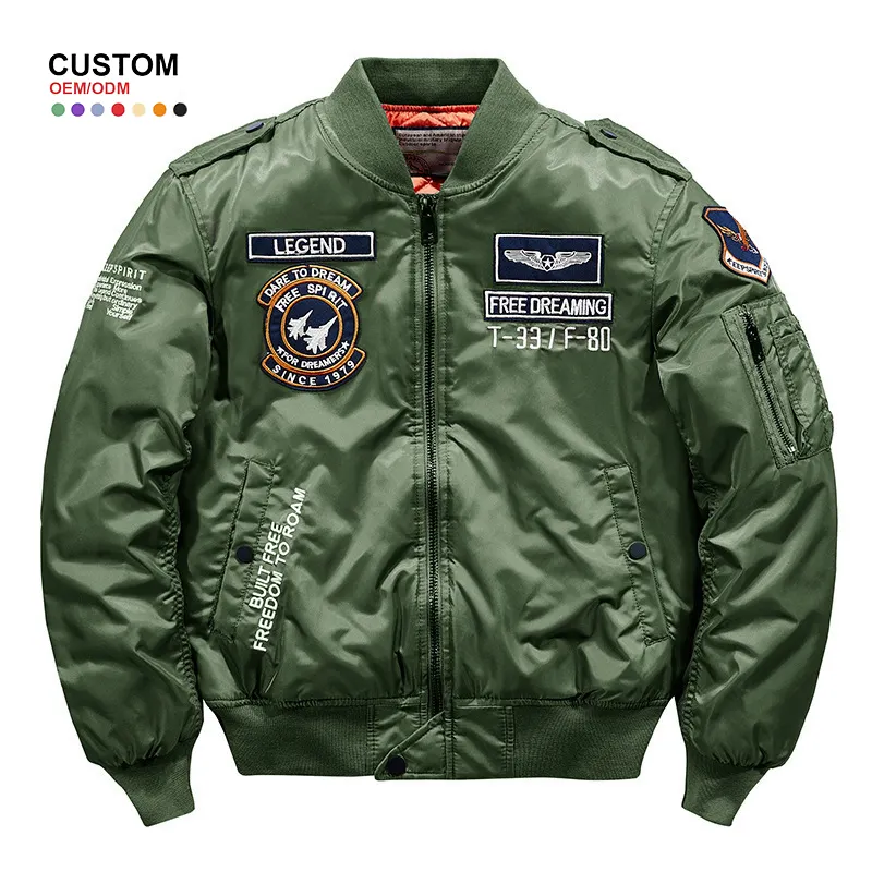 폭격기 재킷 OEM 사용자 정의 디자인 하이 퀄리티 emb 패치 로고 나일론 방수 ma 1 비행 폭격기 재킷 mens