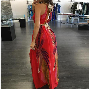 Della signora di stampa <span class=keywords><strong>Rosso</strong></span> Floreale Cut-Out Halter Maxi <span class=keywords><strong>Abito</strong></span> In Chiffon di Alta Fessura Vestito Da Estate di Vacanza tie chiusura dettaglio banchetto di notte vestito - Product Image 4