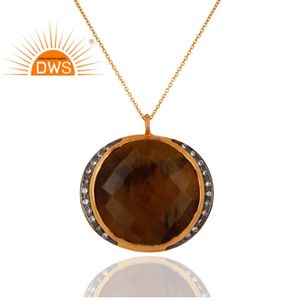 Cz Collier pendentif oeil de tigre Fournisseur de bijoux en pierres précieuses Collier en argent sterling plaqué or 18 carats pour cadeau pour femme - Product Image 2