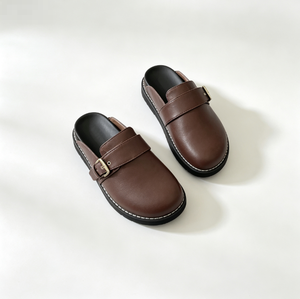Sandalias de mujer de ante sintético con punta cerrada, hebilla, sin cordones, tacón plano, tipo mule, forro de felpa, suela de goma, para verano, boda, color marrón topo, ajuste cómodo - Product Image 6