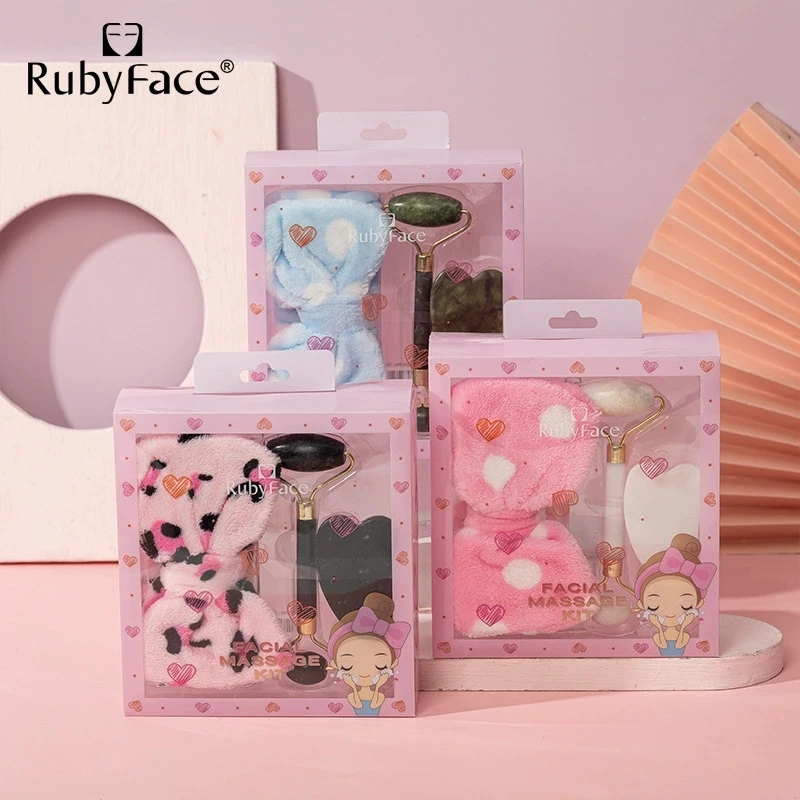 RubyFaceジェイドローラークォーツフェイスローラーグアシャビューティーフェイシャルマッサージローズジェイドローラーセットヘアバンド付きフェイス用