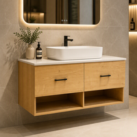 Meuble-lavabo mural moderne pour salle de bain, finition grain de bois, étagère ouverte en option, lavabo à poser, mobilier de salle de bain personnalisé OEM