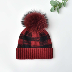 Bonnets d'hiver en laine tricotés avec <span class=keywords><strong>pompon</strong></span> en fourrure véritable pour femmes, <span class=keywords><strong>bonnet</strong></span> ample à motif écossais et à manchettes larges, en stock - Product Image 5