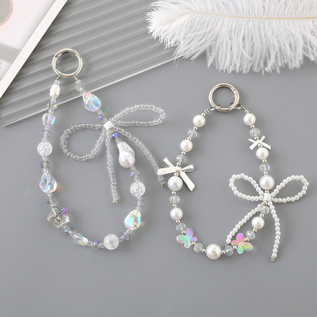 New Korean Pearl Bowknot Phone Charm for Women Aesthetic Beaded Wristlet Strap for Phone Case Bag Pendant Gift Wholesale Bulk