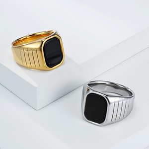 Men's Geometric Black Glass <b>Ring</b> <b>Titanium</b> Steel Bezel Setting Gift Jewelry K-R1067 - Product Image 1