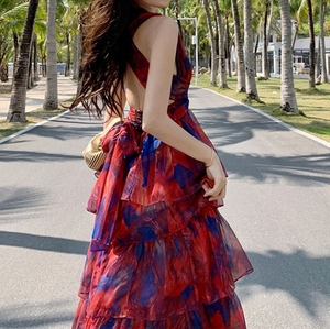 Vestido de estilo coreano con espalda abierta y cuello en V, lazo en la cintura, vacaciones en la playa, capa por capa, volantes, dobladillo grande - Product Image 3