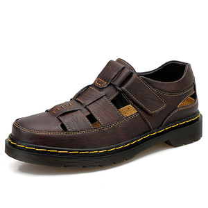 Sandales d'extérieur décontractées pour hommes en cuir véritable, motif uni, antidérapantes, durables, à enfiler, avec semelle extérieure en tendons de bœuf, pour l'été - Product Image 3