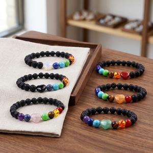 Pulseras de <span class=keywords><strong>Piedras</strong></span> de Lava de 7 Chakras de Colores Mezclados, Joyería de Cristales Curativos Energéticos para Hombres y Mujeres, Pulseras de Moda con Dijes de Corazón y <span class=keywords><strong>Piedras</strong></span> Preciosas - Product Image 2