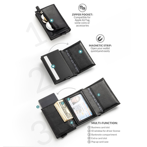 <span class=keywords><strong>Smart</strong></span> RFID sottile in metallo porta carte di credito in vera pelle portafoglio Pop-up con chiusura a cerniera a breve lunghezza fodera in poliestere per gli uomini - Product Image 3