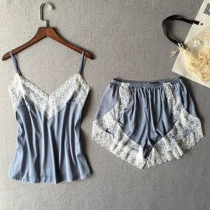 Women's Sleepwear Sexy Satin Pajama Set White Sleeveless <strong>Lace</strong> V-Neck Pyjamas Cute <strong>Cami</strong> <strong>Top</strong> and Shorts - Product Image 2