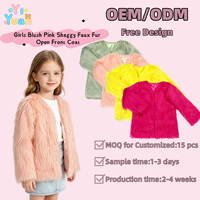 Manteau ouvert pour enfants en fausse fourrure shaggy rose pastel, doublure satinée, manches longues, col en V, pour petites filles, veste d'extérieur pour fêtes d'hiver