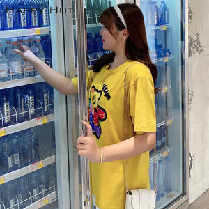 Camiseta de verano para mujer Happy Hut, talla grande, color amarillo mostaza, estampado de oso de dibujos animados, corte holgado, cuello redondo, camiseta transpirable N7603 - Product Image 4