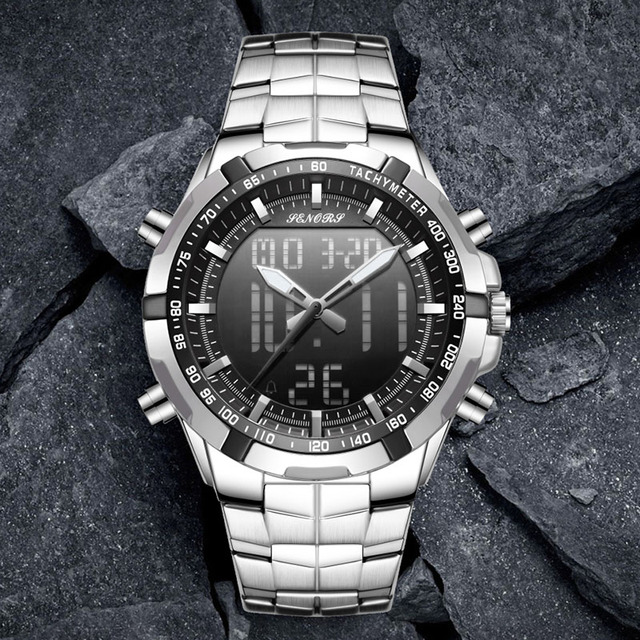 Fashionable Dial Design Charm Sporty Alloy Case Stainless Steel Strap Alarm Stop Watch Water Resistant Watch for Men