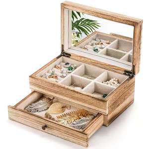 Wood Jewelry <b>Box</b> Double Layer Storage With <b>Mirror</b> And Drawer For Rings Earrings Necklaces Rectangle Lightly Calcined Wood - Product Image 5