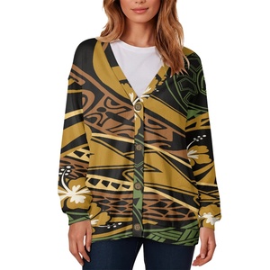 Cardigan en fausse laine à col en V et manches longues, imprimé sur toute la surface, style ethnique polynésien, pour femme - Product Image 1