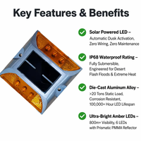 Borne de signalisation routière solaire IP68 en aluminium avec LED intégrée, réflecteur prismatique œil de chat haute intensité, visibilité 800m pour la circulation autoroutière
