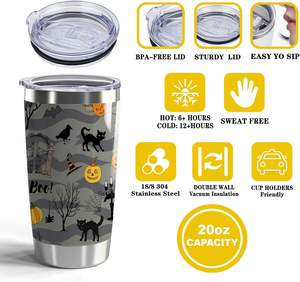 Vaso de acero inoxidable para Halloween de 20oz, taza de café de viaje con aislamiento clásico de gato Boo, regalos de bruja de terror, espeluznante para tapa de paja - Product Image 3