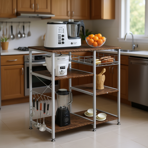 Carrito de Almacenamiento de Cocina Rústico Marrón de 3 Niveles con Estantes y Ganchos para Uso Independiente - Product Image 2