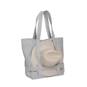 Bolso de mano de algodón de 21 pulgadas para mujer, bolso de mano de playa de verano, bolsos de hombro de rayas azules con sombrero portátil para viajes, venta al por mayor - Product Image 1