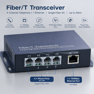 ตัวแปลงโทรศัพท์ PCM 4 พอร์ตเป็นไฟเบอร์ พร้อมตัวรับส่งสัญญาณไฟเบอร์/T รองรับอีเธอร์เน็ต 10/100Mbps SMF SC ระยะ 20 กม. ตัวแปลงโทรศัพท์ผ่านไฟเบอร์ - Product Image 3