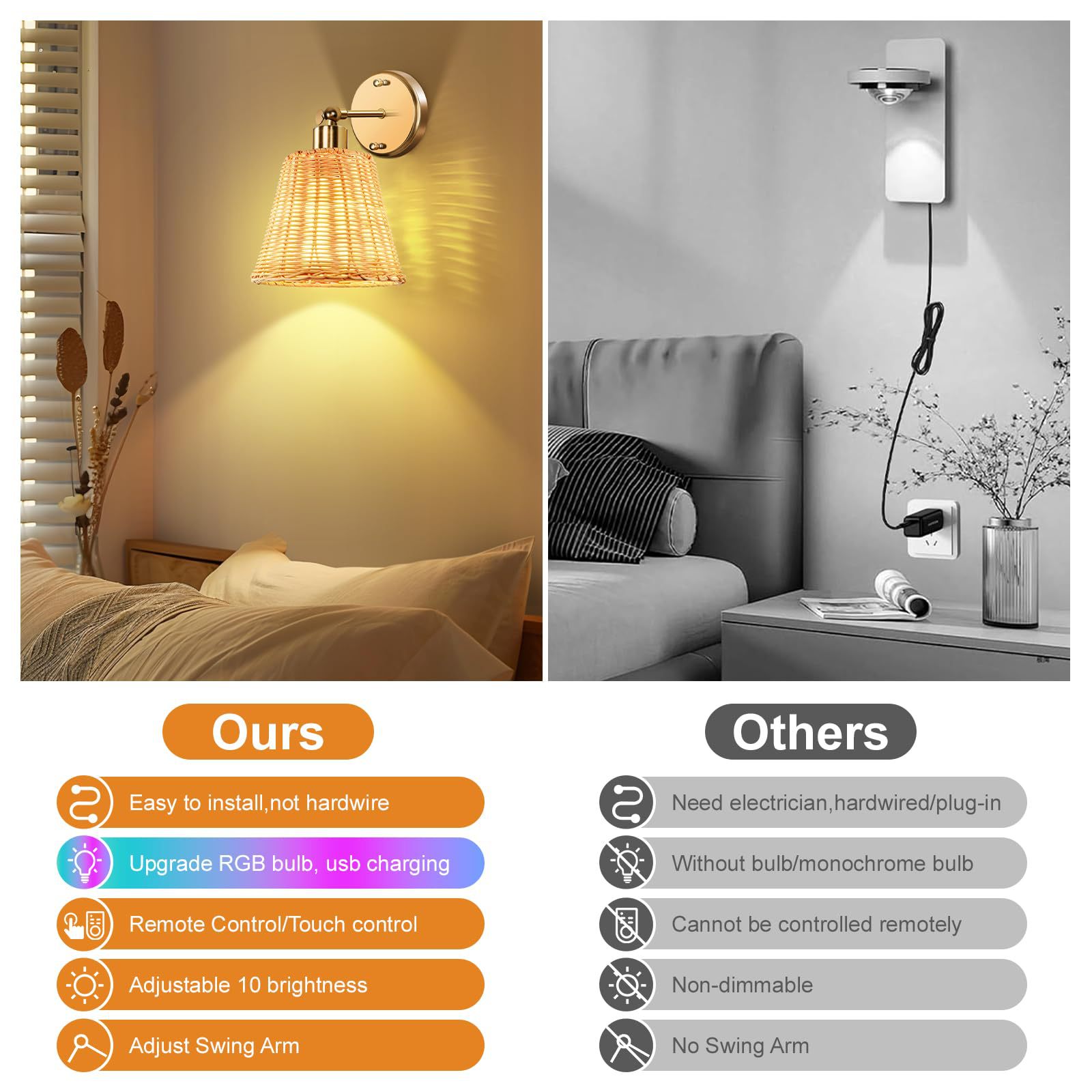 Jianbian JB-W0Z6 Bamboo Wall Light - Cordless Rechargeable LED Boho Sconce