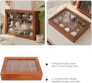 Wooden Tea Box Organizer 12 Grid Wood Tea Chest With Clear Glass Lid Vintage Jewelry Keepsakes Box