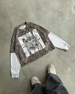 Özel Streetwear pamuk Boxy Tee baskı Jersey Tshirt Baggy Camo gerçek ağacı Camo gömlek çift katmanlı uzun kollu tişörtler erkekler için