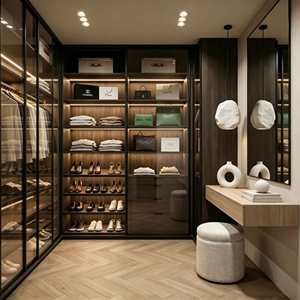 <span class=keywords><strong>Dressing</strong></span> sur mesure de luxe moderne avec portes vitrées à charnières, éclairage LED, rangement intégré pour chaussures, coiffeuse et armoire écologique - Product Image 6