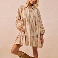 Robe chemise vintage à rayures et imprimé floral pour femme, col à revers, manches longues, à volants, poches latérales, coupe ample, décontractée, mini, grande taille, tunique