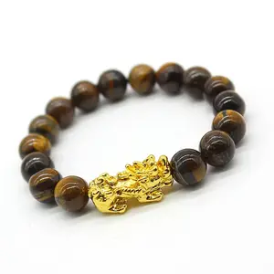 Yiwu Wholesale Gold Pixiu Bracelet Tiger Eye Beads Stone Bracelet Good Luck Beads Bracelet