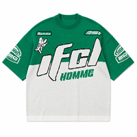 T-shirt en maille à manches courtes pour homme, style rétro moto, vert et blanc, jacquard à blocs de couleur, motif lettres, col rond, coupe oversize