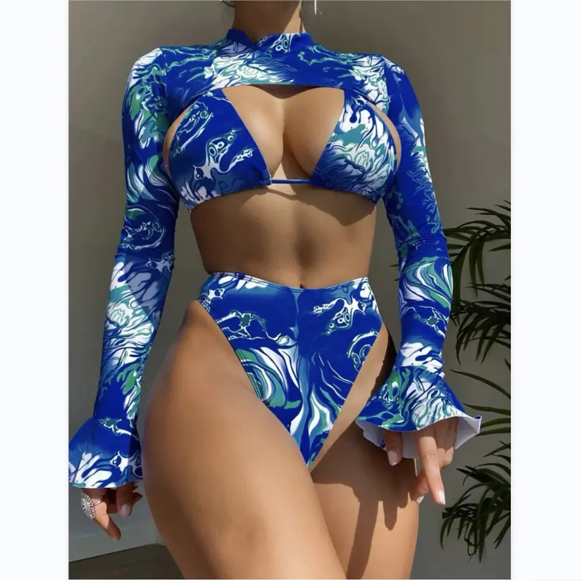 2023 Women three piece swim suits sexy long sleeve bikini cover up extreme high waist blue print swim wear bathing suits