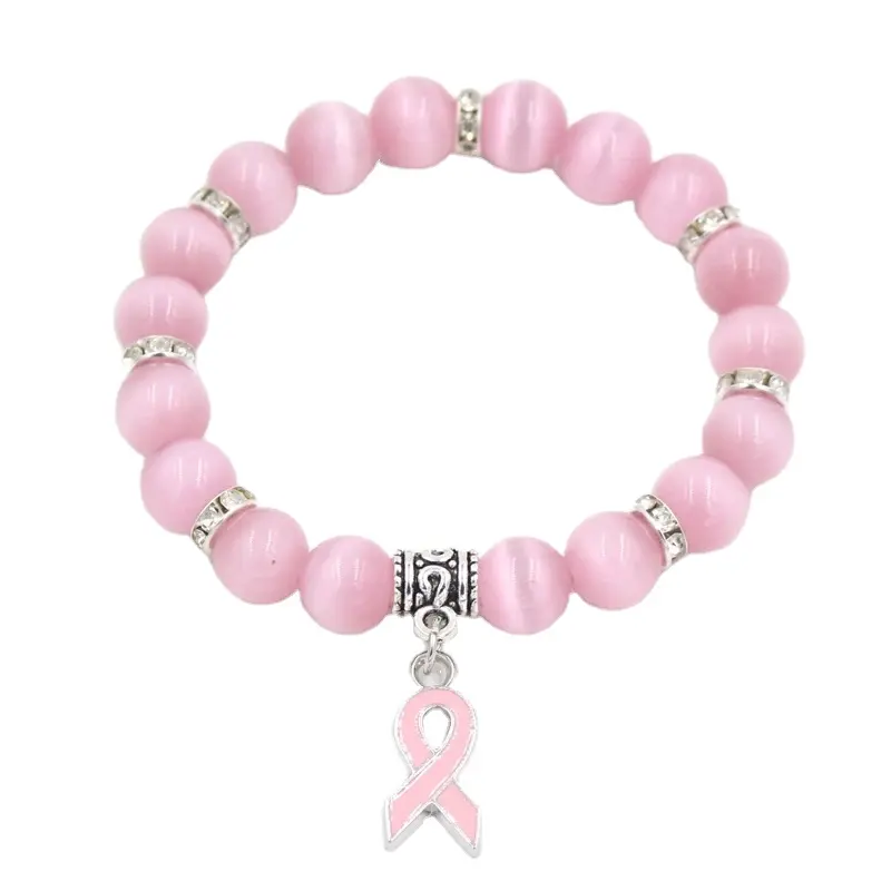 Breast Cancer Awareness Jewelry White Pink Opal Beaded Bracelet Pink Ribbon Charm Bracelets