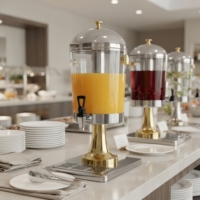 Distributeur de jus FANITF Golden Key Luxury 8L en acier inoxydable poli miroir bicolore, sur pied, avec tube à glace pour boissons froides