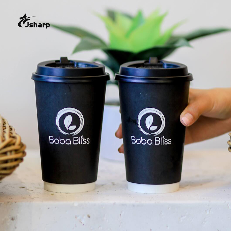 Custom Printed Eco-Friendly 8oz 10oz 12oz 16oz Double Wall Disposable Black Coffee Paper Cups For Hot Drinks