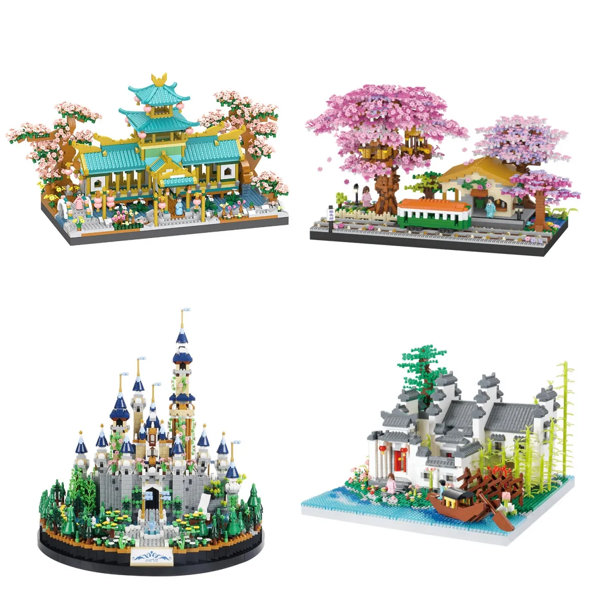 606-635 Sakura ağacı evi peri kale isteyen ağaç su kasaba dekorasyon yapı taşı kızlar için plastik oyuncak hediye çocuk